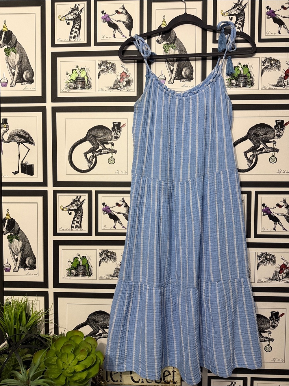 beachlunchlounge Light Blue & White Striped Tie-Shoulder Sundress